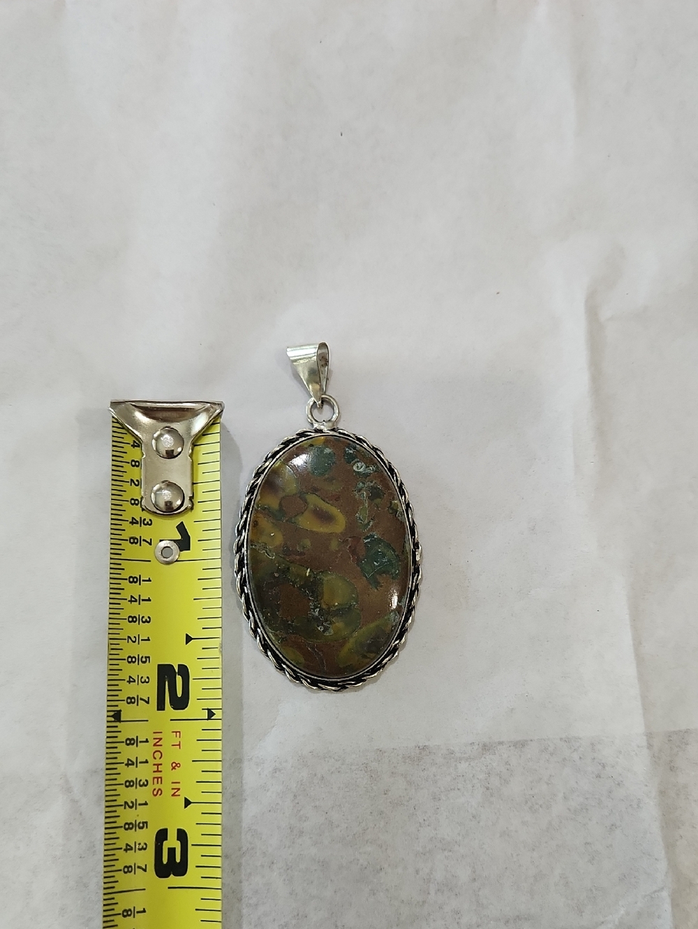Oval Brown and Green Stone Pendant Necklace - Silver-Tone Setting